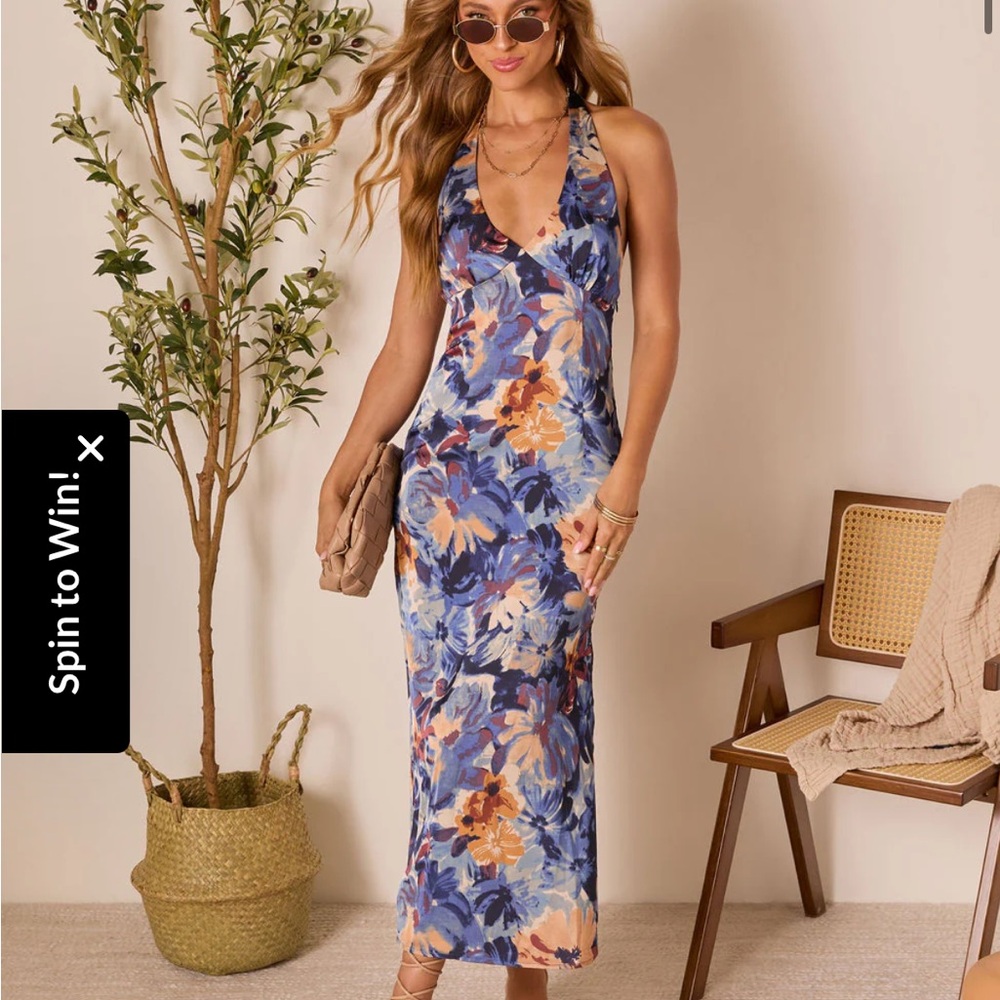 Vici Blue Floral Halter Midi Dress